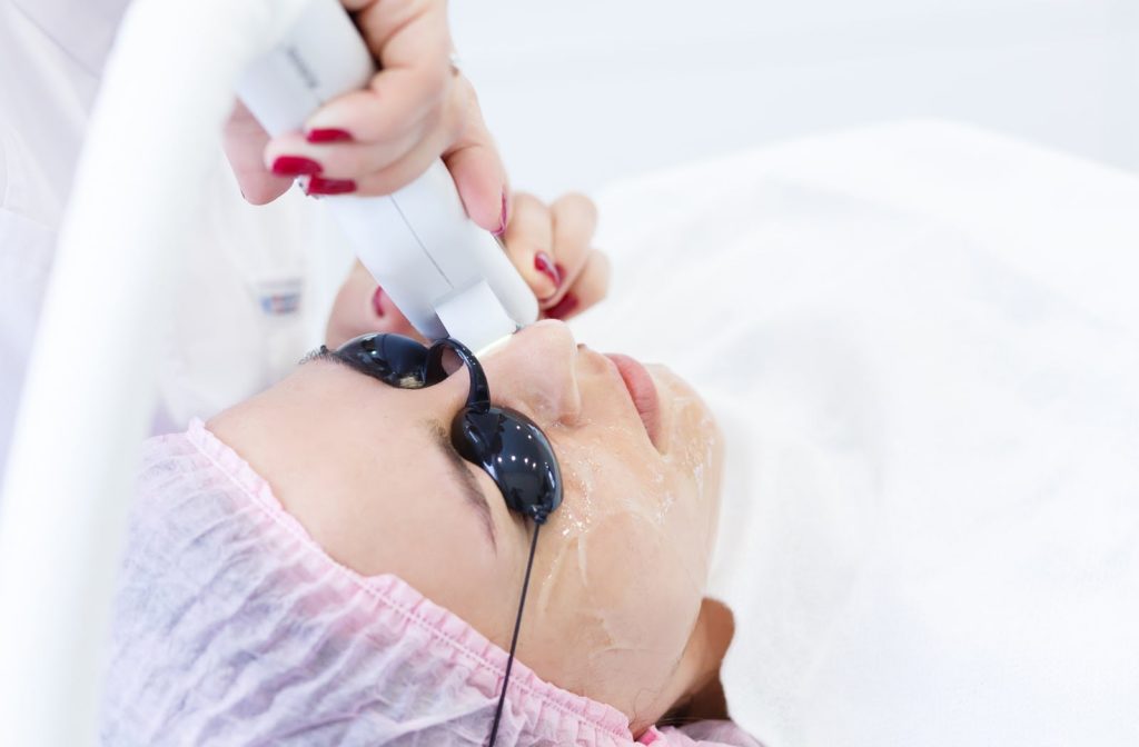 Women receiving IPL treatment for dry eye comfort