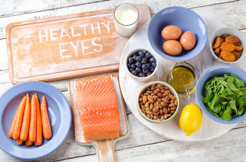 A group of foods, some fruits, fish, and vegetables are good sources of vitamins that are good for the eyes.