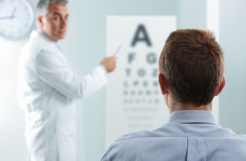 An eye doctor tests a man's eyesight with an eye chart.