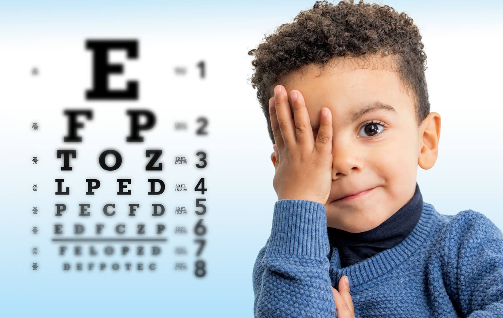 A young child covers one eye with their hand during a visual acuity test. To their left is a blurry Snellen Eye Chart.