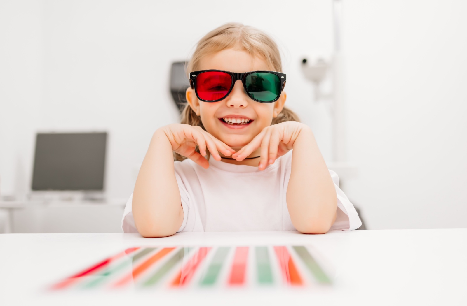 Young girl smiling during vision therapy session wearing red-green glasses at Foresee Eyecare.