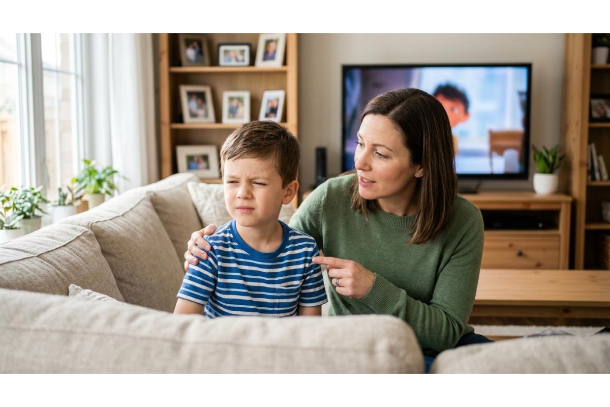 A mother sitting on a couch with her young son, who is squinting and showing signs of eye discomfort, suggesting a potential need for an eye exam.