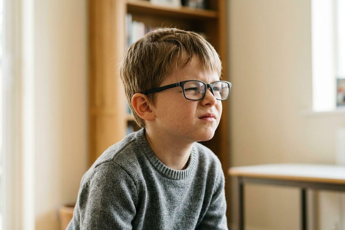 Child wearing black-framed glasses and a grey sweater sitting indoors, looking to the side with a skeptical expression.