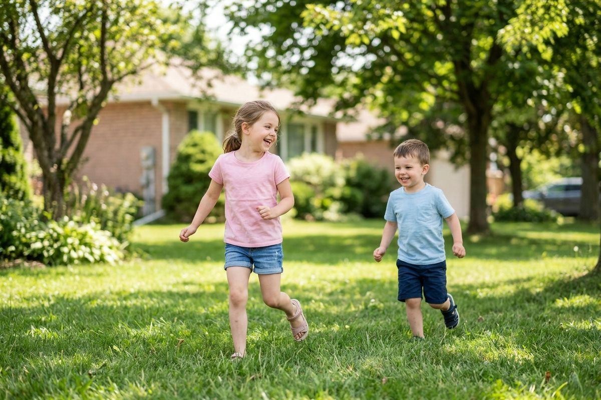 two-laughing-children-running-across-a-sunny-green-lawn-in-front-of-a-brick-hous Two laughing children running across a sunny green lawn in front of a brick house surrounded by trees.