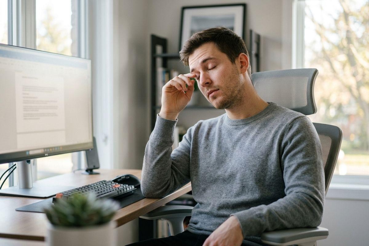 Adult sitting at a desk, eyes closed, pinching the bridge of their nose, with a computer monitor and keyboard nearby.