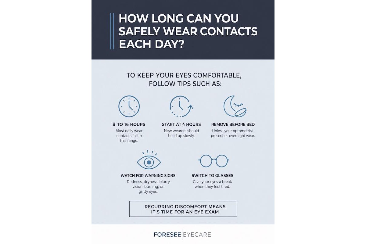 Infographic titled “How Long Can You Safely Wear Contacts Each Day?” for Foresee Eyecare. It shares safe contact lens wear tips, including wearing many daily lenses for 8 to 16 hours, starting at 4 hours for new wearers, removing lenses before bed, watching for redness, dryness, blurry vision, burning, or gritty eyes, and switching to glasses when eyes feel tired. A callout notes that recurring discomfort means it’s time for an eye exam.