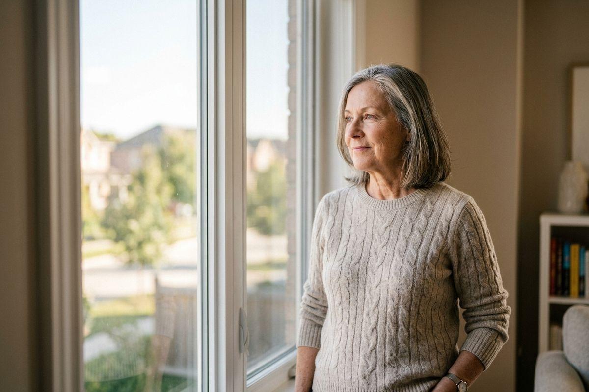 Older adult with grey hair gazing out a large window indoors, wearing a cream cable-knit sweater, with a suburban street visible outside.