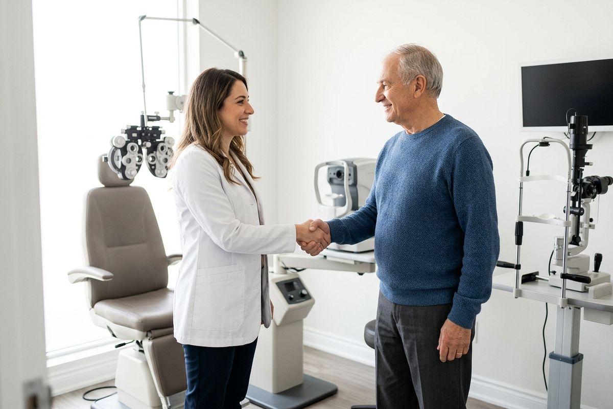 Optometrist smiling and shaking hands with an older adult patient in an eye exam room with a phoropter and slit lamp visible.