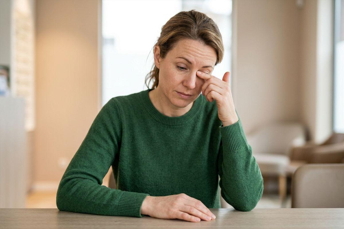 Adult in a green sweater sitting at a table, pressing a finger to one eye, looking downward with a distressed expression.