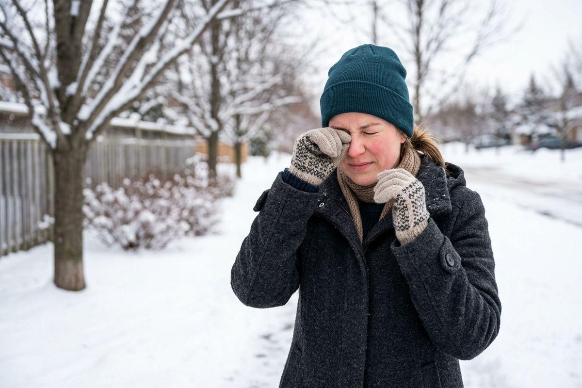 Adult in a winter coat, toque, and mittens rubbing one eye outdoors on a snowy residential street, eyes closed and grimacing.