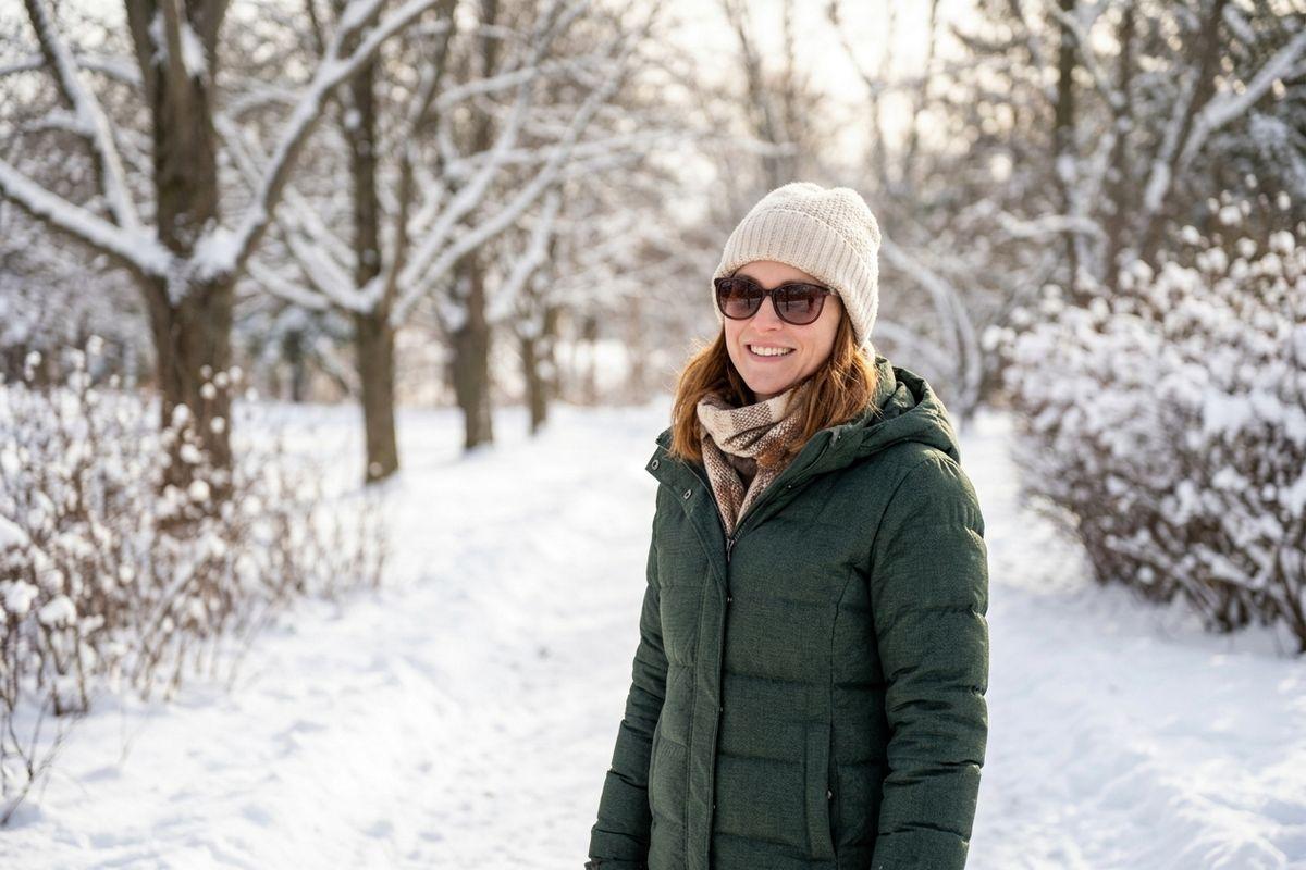 Smiling adult in a green puffer jacket, knit hat, scarf, and sunglasses standing on a snow-covered path in a winter park.
